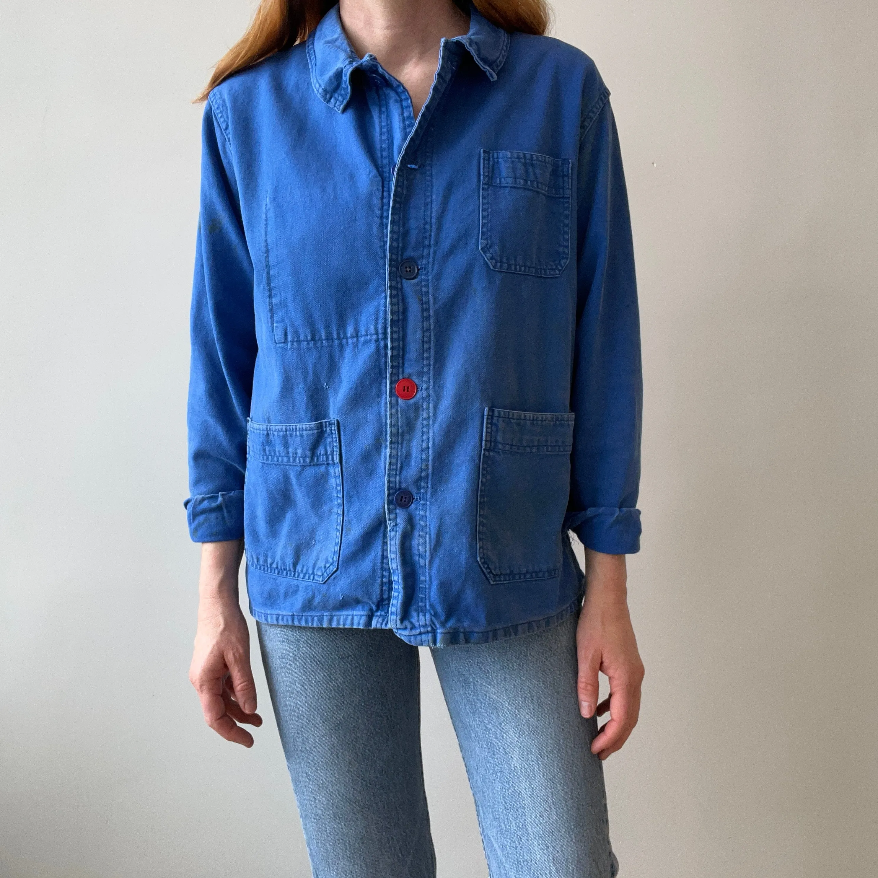1980s Classic Chore Coat with a Single Red Button - Thrashed