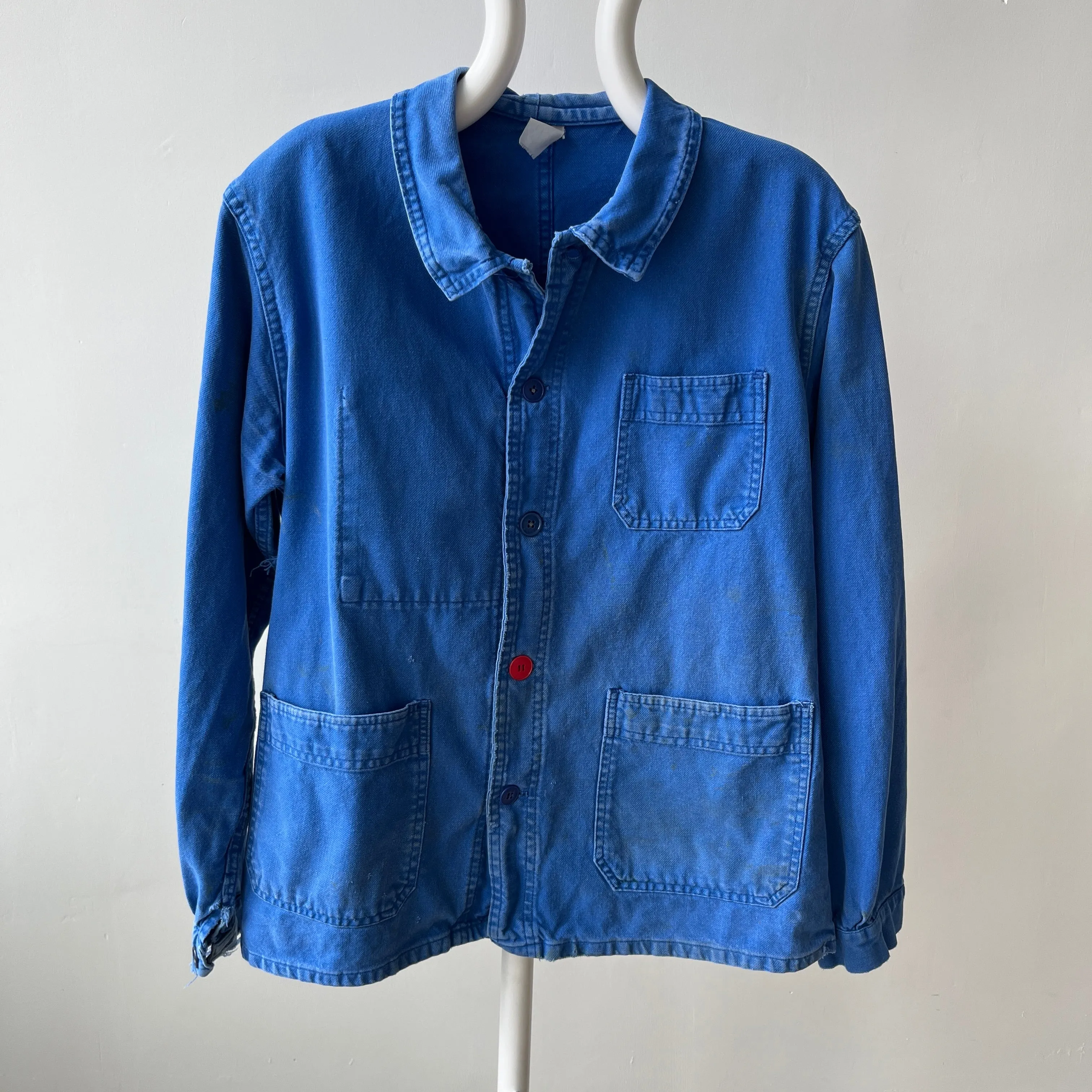 1980s Classic Chore Coat with a Single Red Button - Thrashed