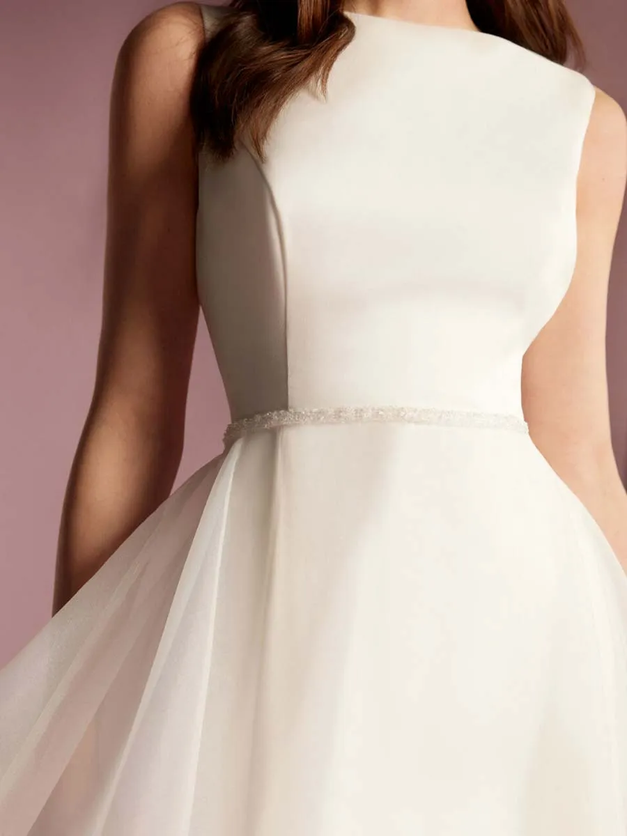 A Line Sleeveless Simple Boat Neck Wedding Dress