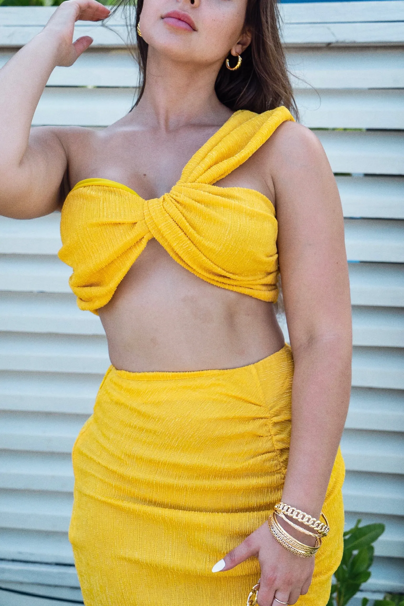 'Aquinnah' One Shoulder Twist Top and Ruched Fringe Midi Skirt Set in Yellow
