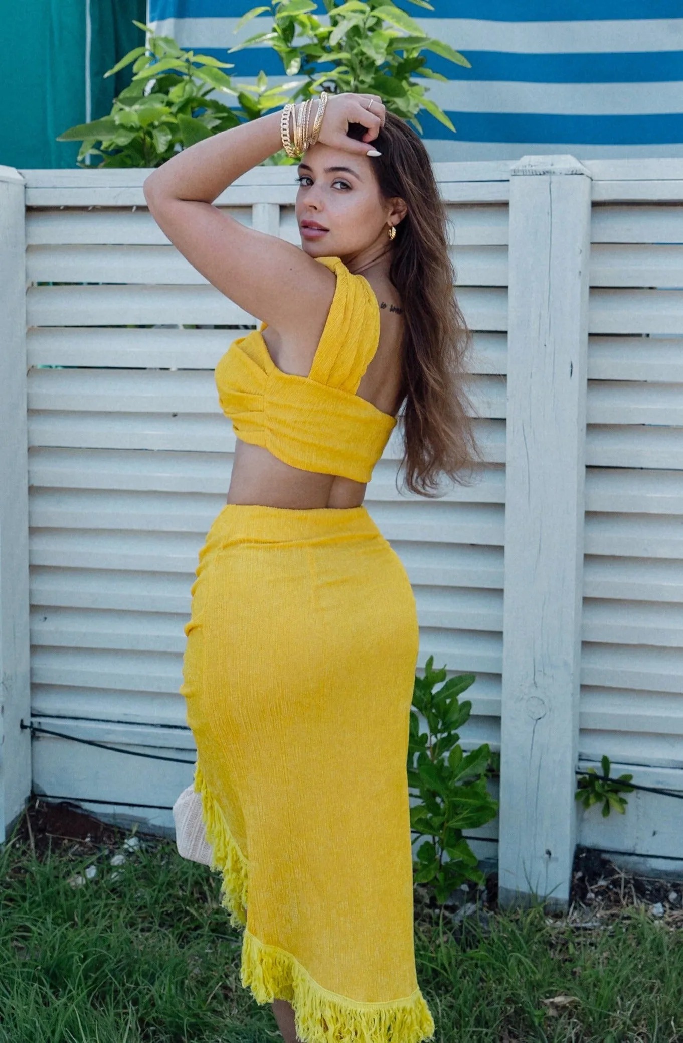 'Aquinnah' One Shoulder Twist Top and Ruched Fringe Midi Skirt Set in Yellow
