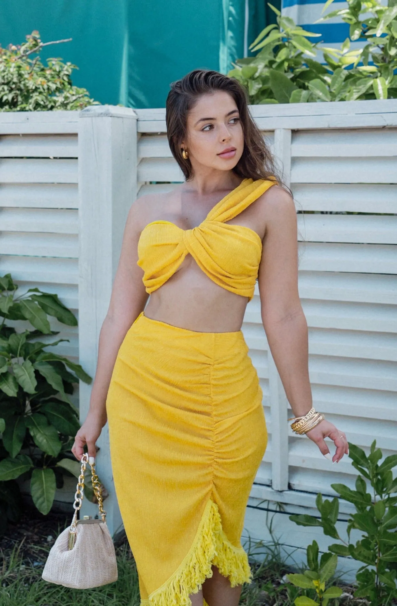 'Aquinnah' One Shoulder Twist Top and Ruched Fringe Midi Skirt Set in Yellow