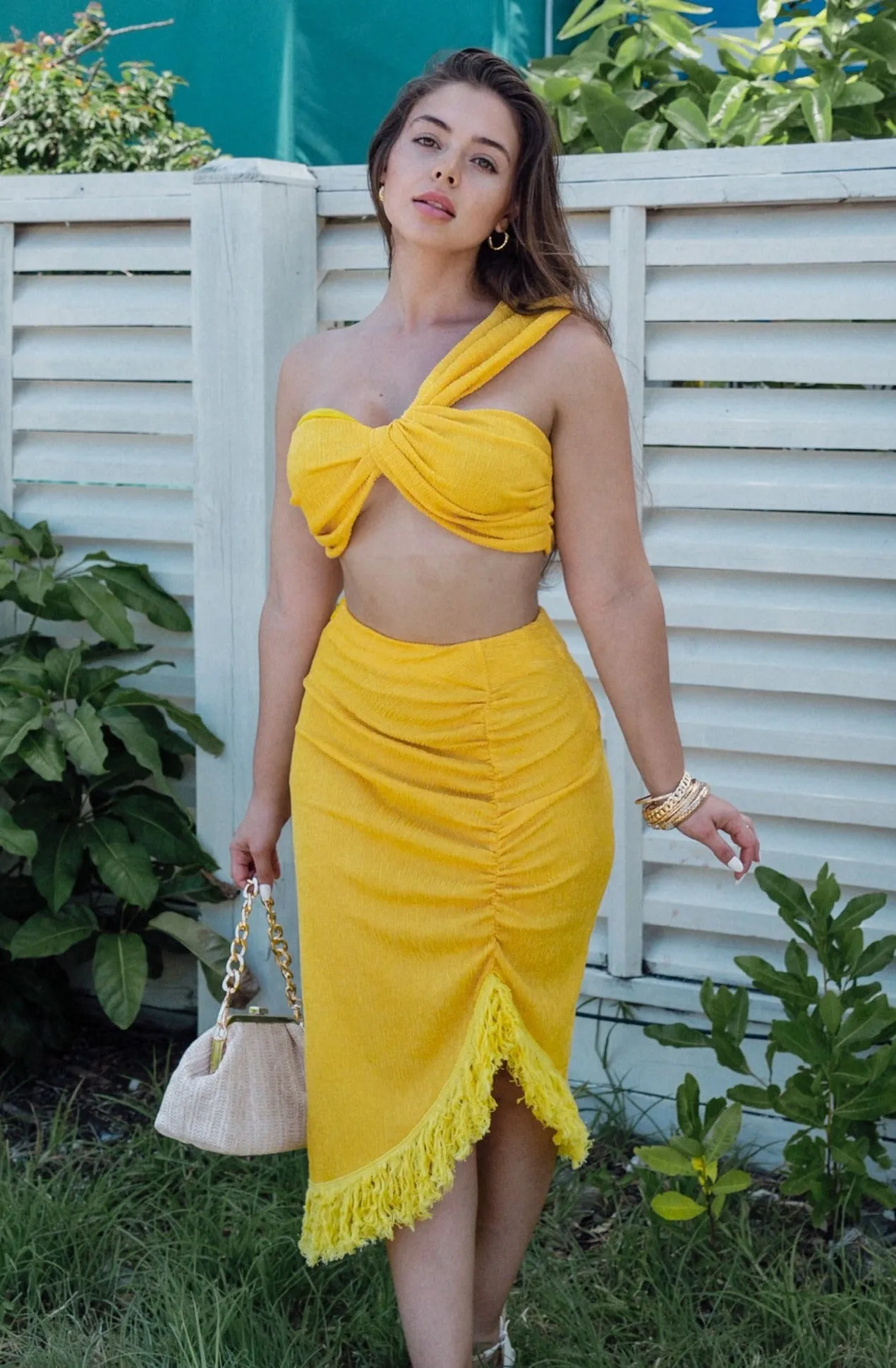 'Aquinnah' One Shoulder Twist Top and Ruched Fringe Midi Skirt Set in Yellow