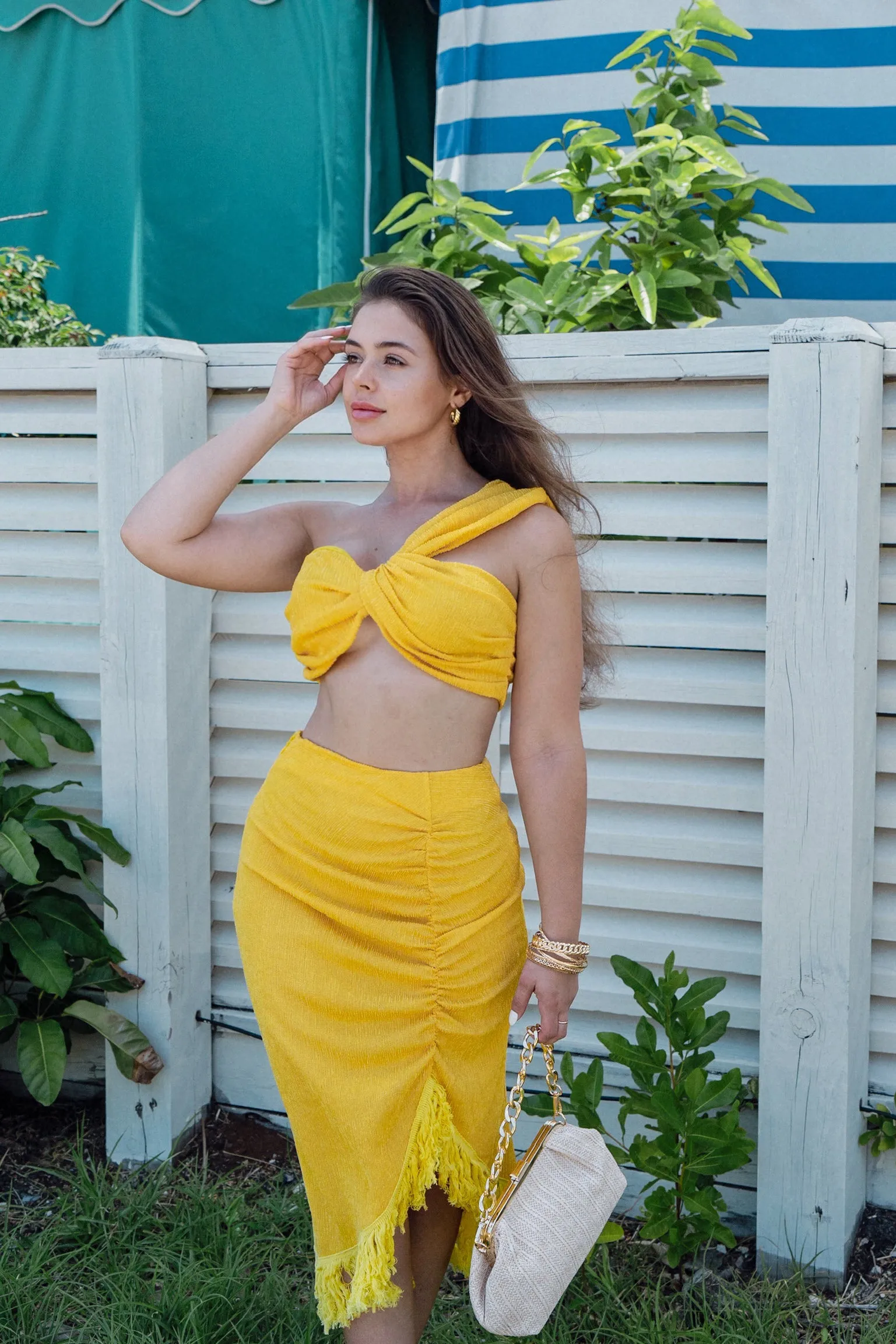 'Aquinnah' One Shoulder Twist Top and Ruched Fringe Midi Skirt Set in Yellow