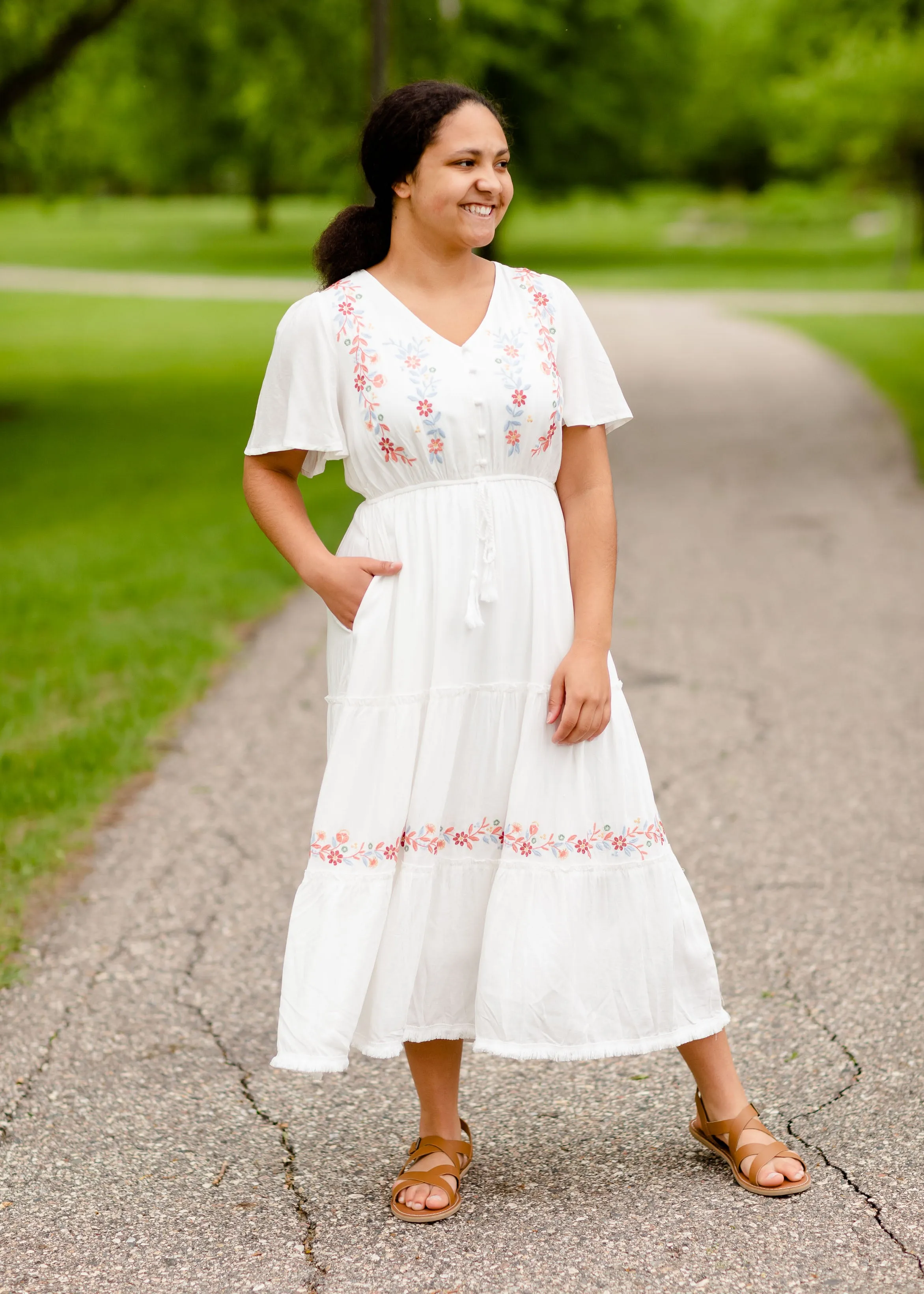 Floral Embroidered V-Neck Midi Dress - FINAL SALE