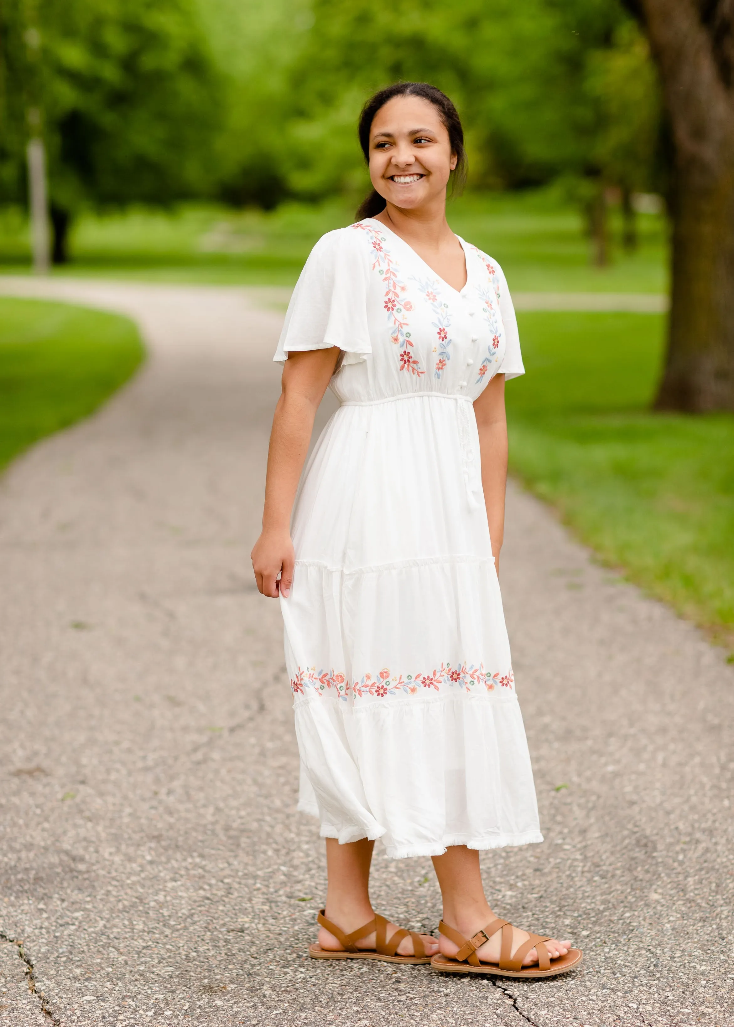 Floral Embroidered V-Neck Midi Dress - FINAL SALE