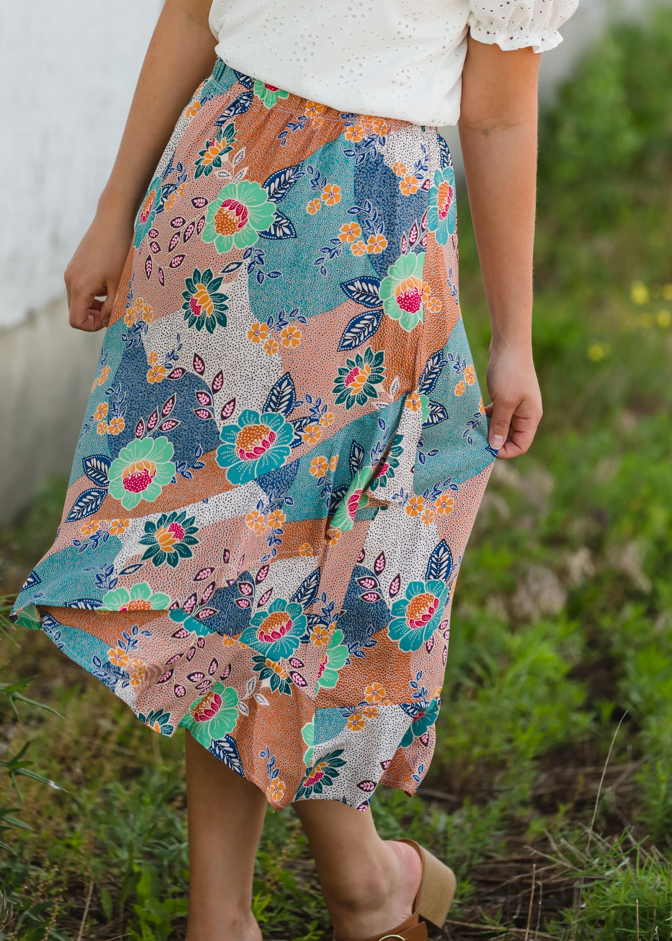 Floral Patchwork Wrap Midi Skirt - FINAL SALE
