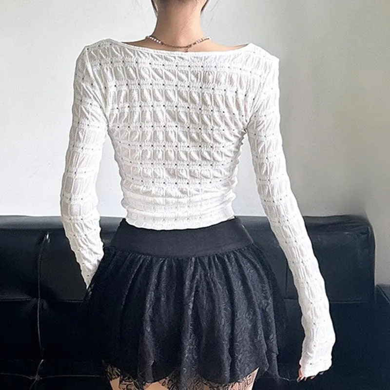 Long sleeve textured bowknot hollow out cut out top