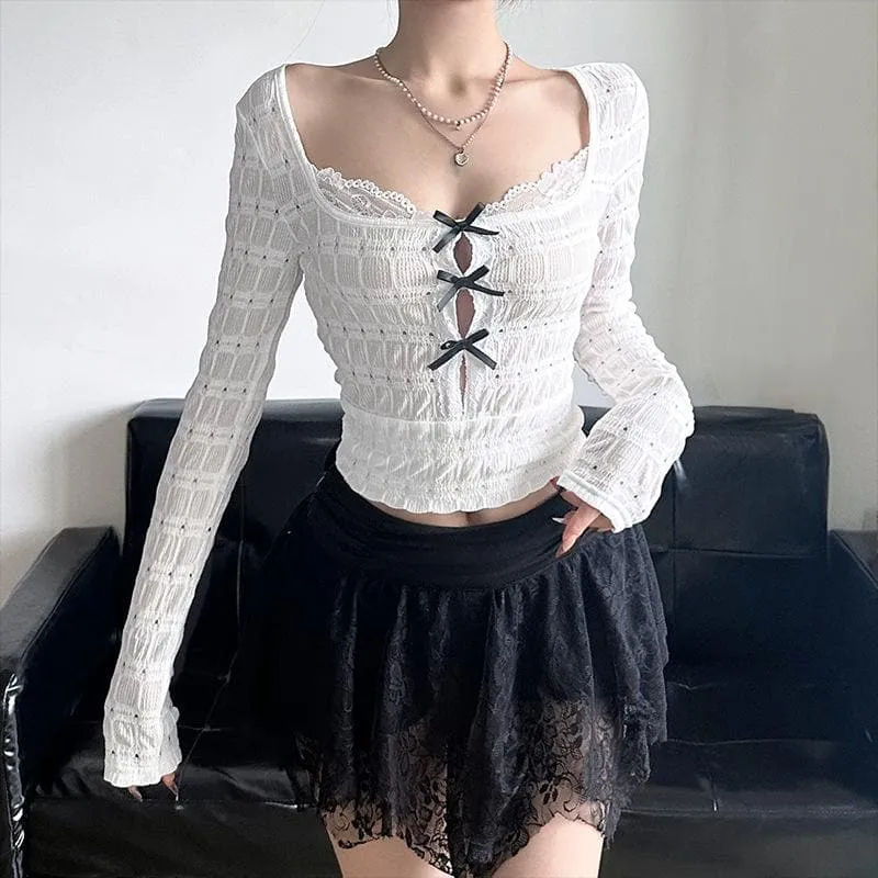 Long sleeve textured bowknot hollow out cut out top