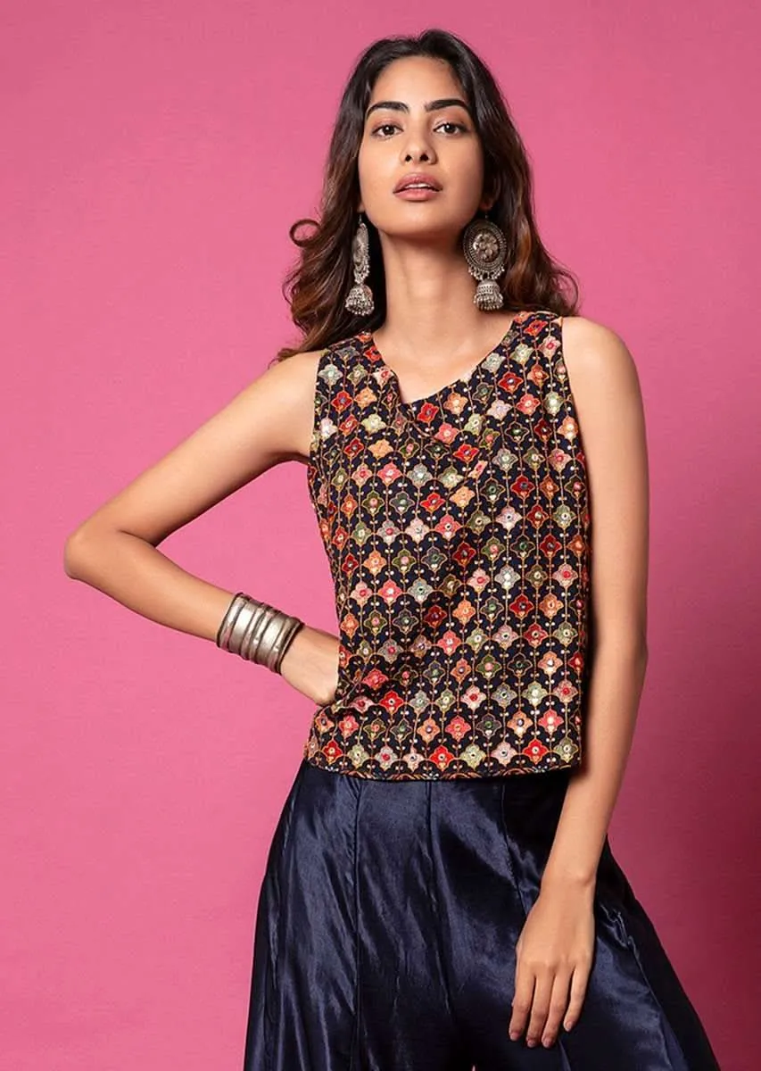 Midnight Blue Top And Paneled Sharara Pants With Thread Embroidery And Tassel Detailing