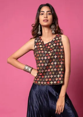 Midnight Blue Top And Paneled Sharara Pants With Thread Embroidery And Tassel Detailing