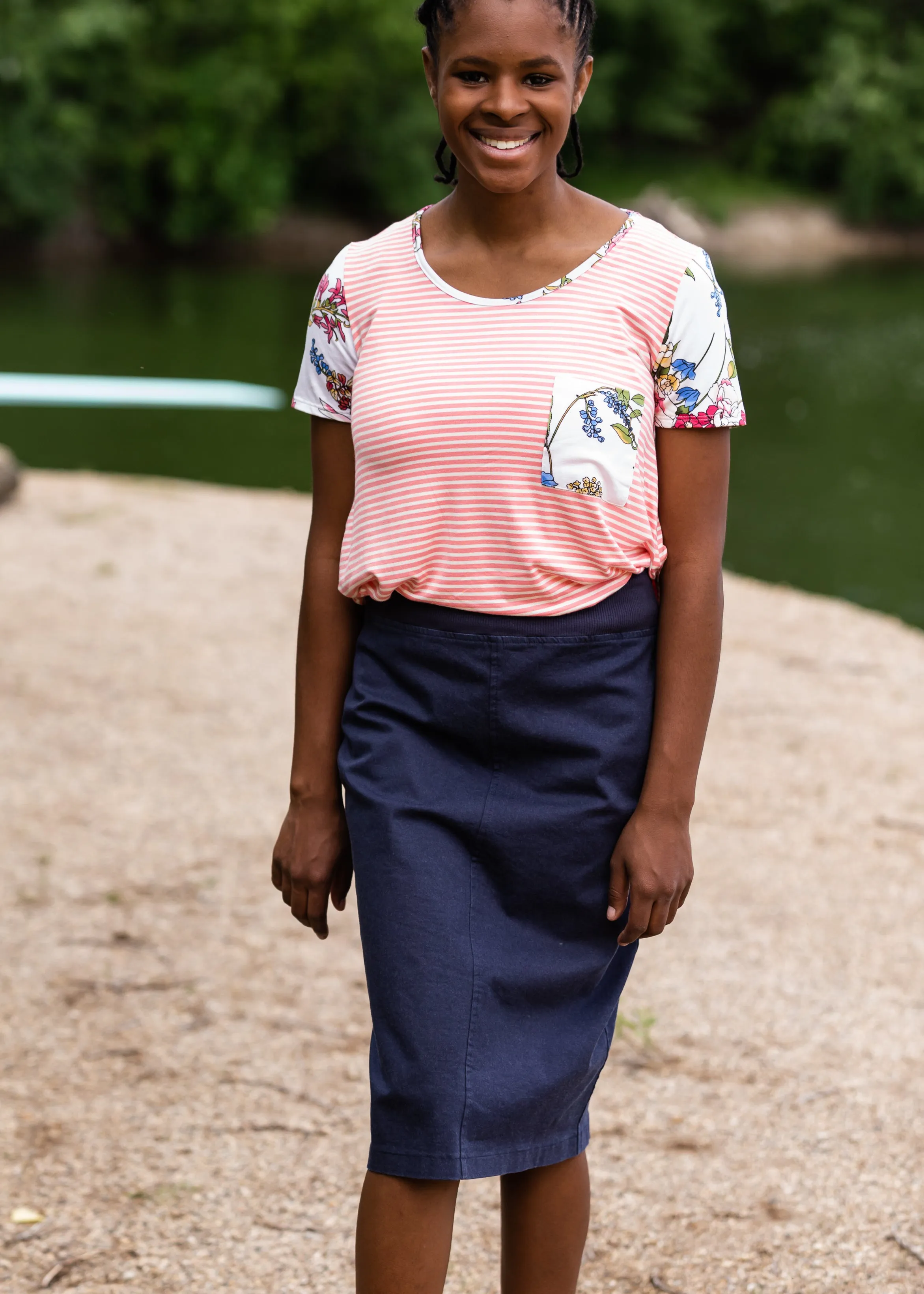 Pin Striped   Floral Short Sleeve Top - Final Sale