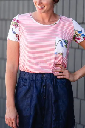 Pin Striped   Floral Short Sleeve Top - Final Sale