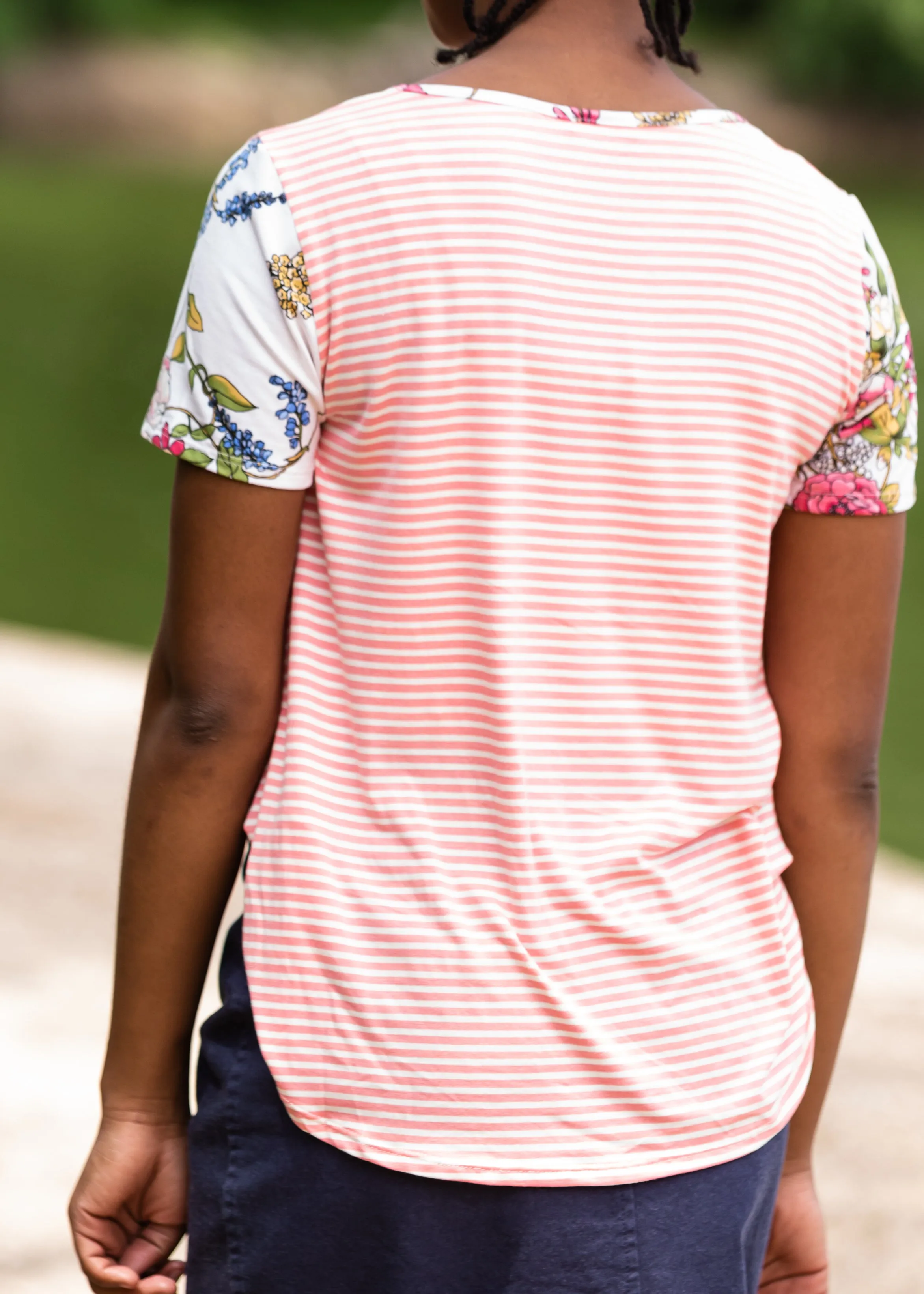 Pin Striped   Floral Short Sleeve Top - Final Sale