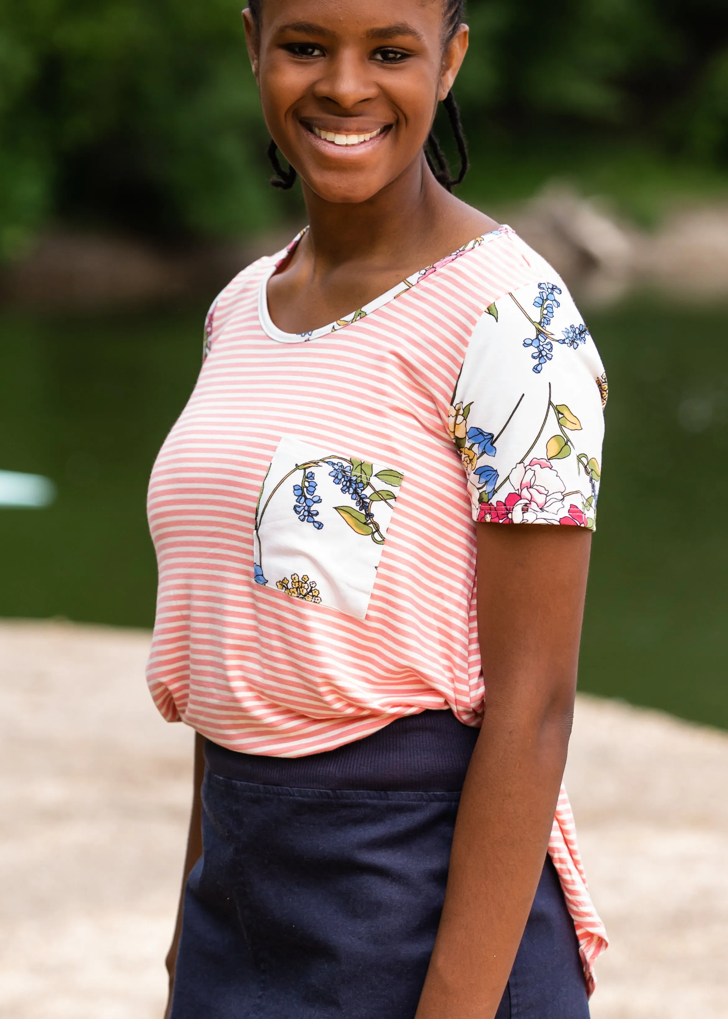 Pin Striped   Floral Short Sleeve Top - Final Sale