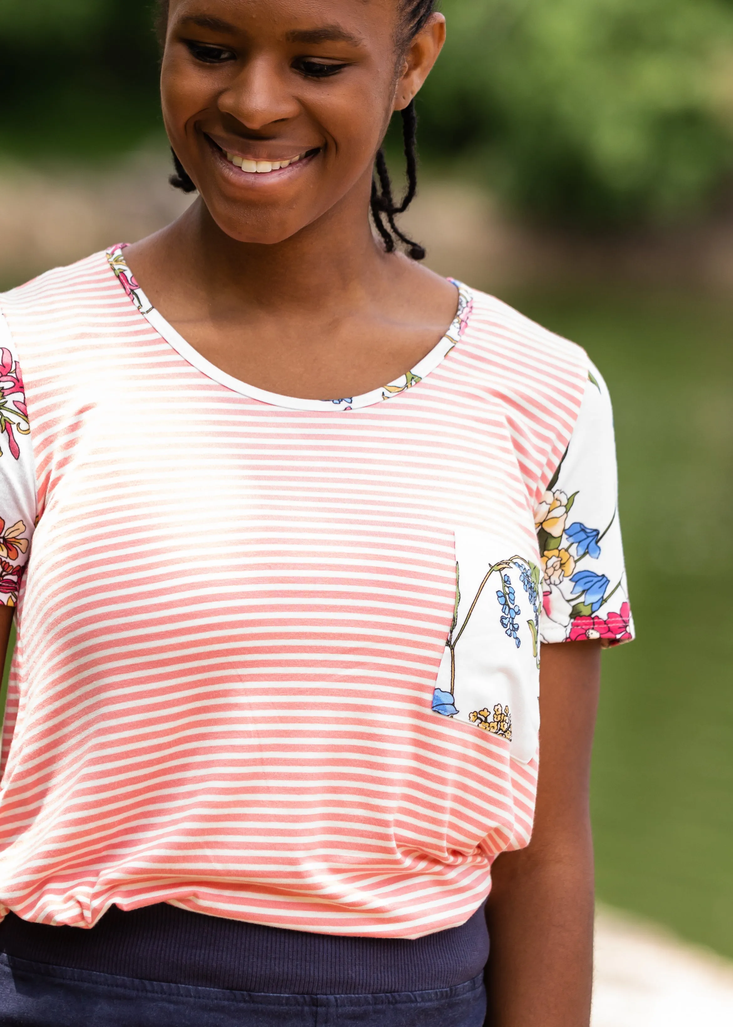 Pin Striped   Floral Short Sleeve Top - Final Sale