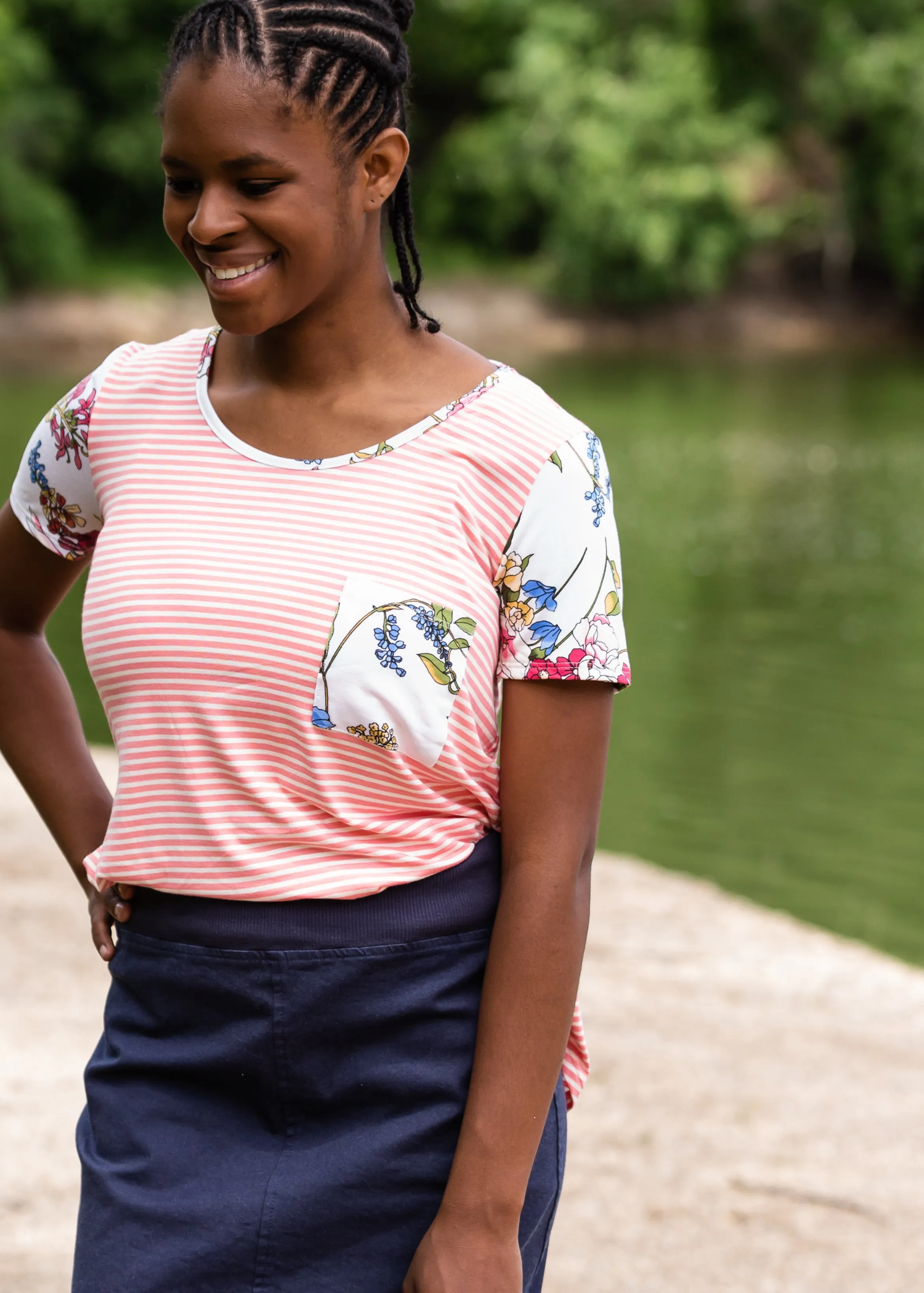 Pin Striped   Floral Short Sleeve Top - Final Sale