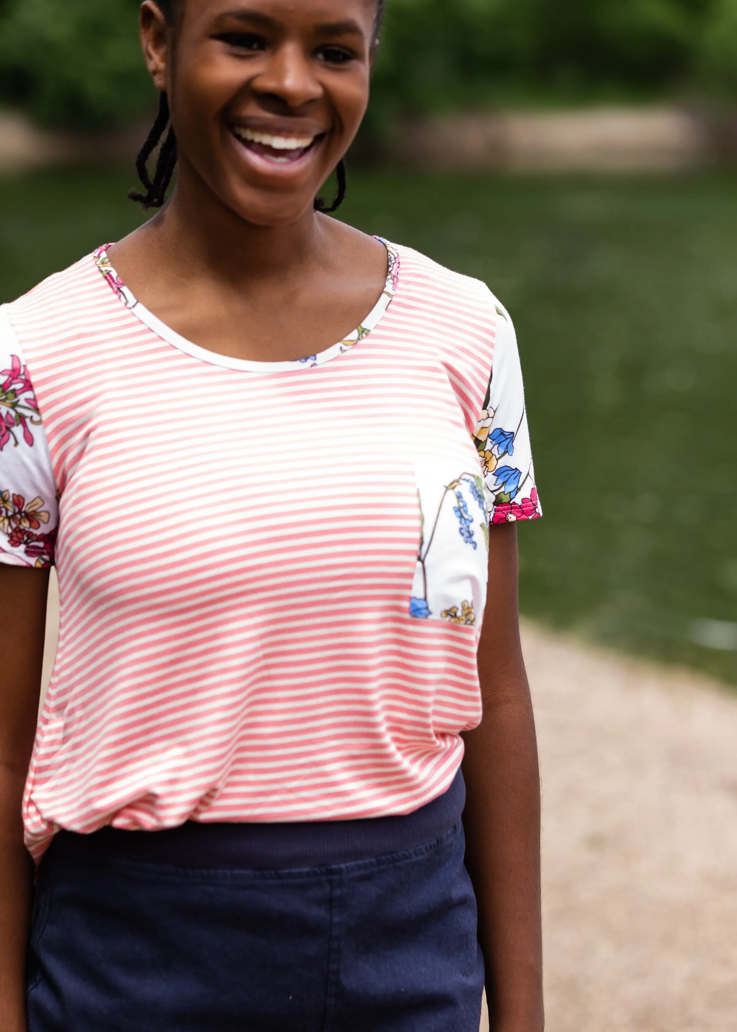 Pin Striped   Floral Short Sleeve Top - Final Sale