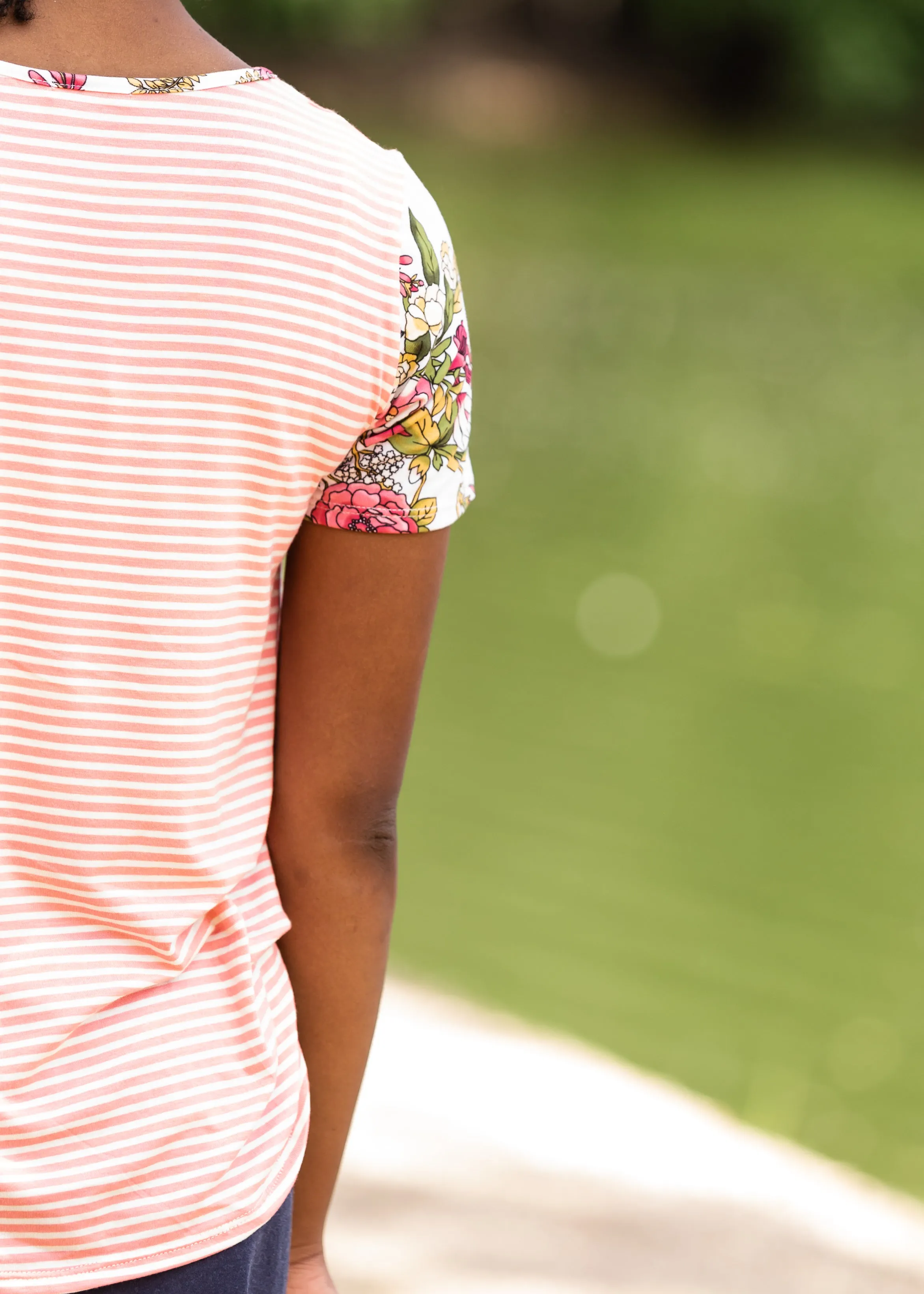 Pin Striped   Floral Short Sleeve Top - Final Sale